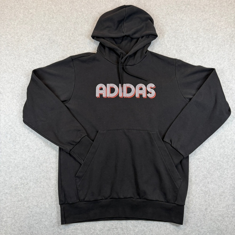 Adidas Hoodie Men Large Black Graphic Logo Pullover Sweatshirt Retro Long Sleeve